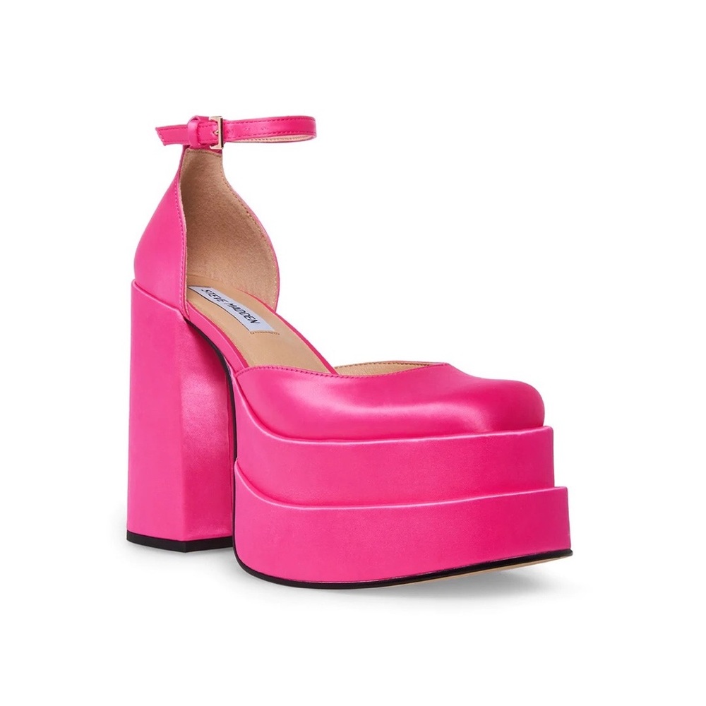 Steve Madden Charlize Pink Satin Chunky Double Platform Heels